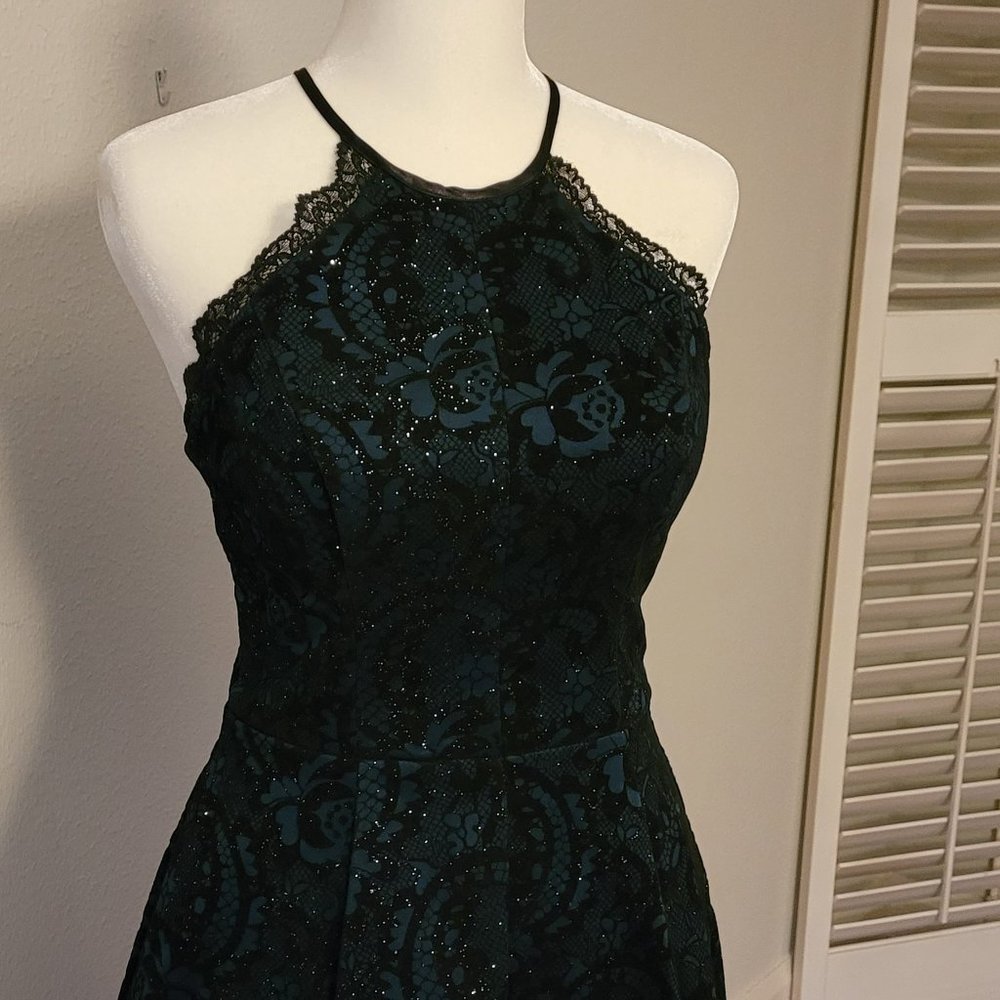 Glitter Brocade Cocktail Halter Party Dress in Deep Green and Black Lace - Picture 3 of 11
